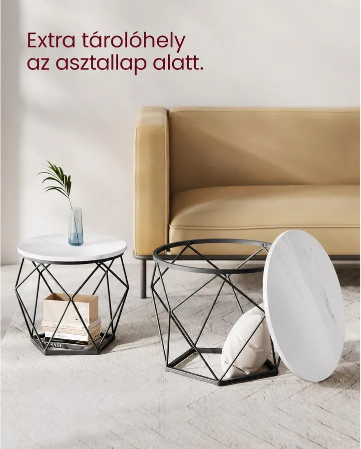 Dohányzóasztal, 2 oldalsó asztal, robusztus acél váz, fehér-fekete