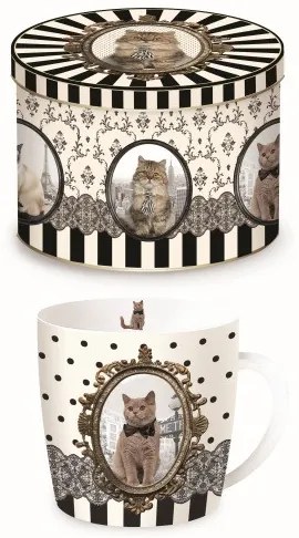 Porcelánbögre fémdobozban 250ml, Barocco Cats B