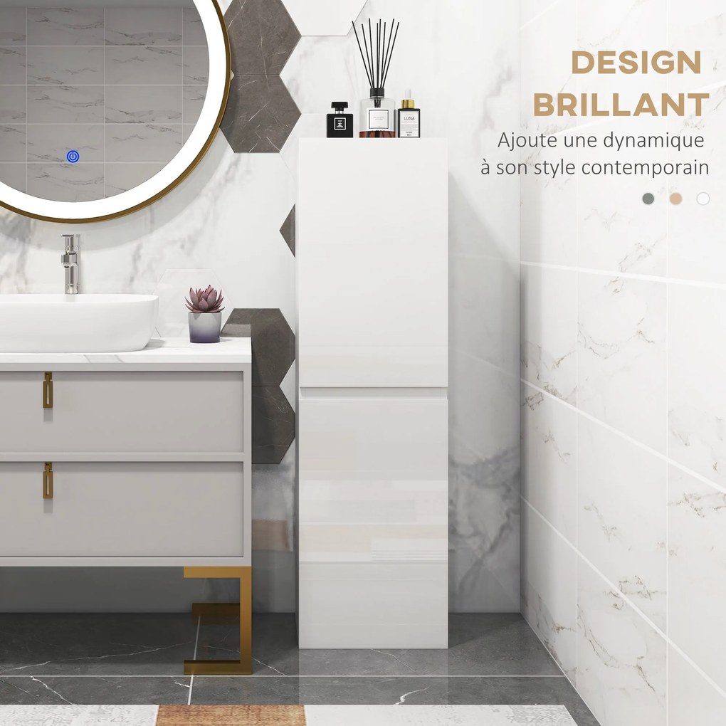 kleankin Fürdőszoba Magas Szekrény, Magas Fényű Tároló Szekrény, Állítható Polcok, 2 Szekrény, Fürdőszoba Tároló Polc, 35 x 25 x 120 cm, Fehér Fényes