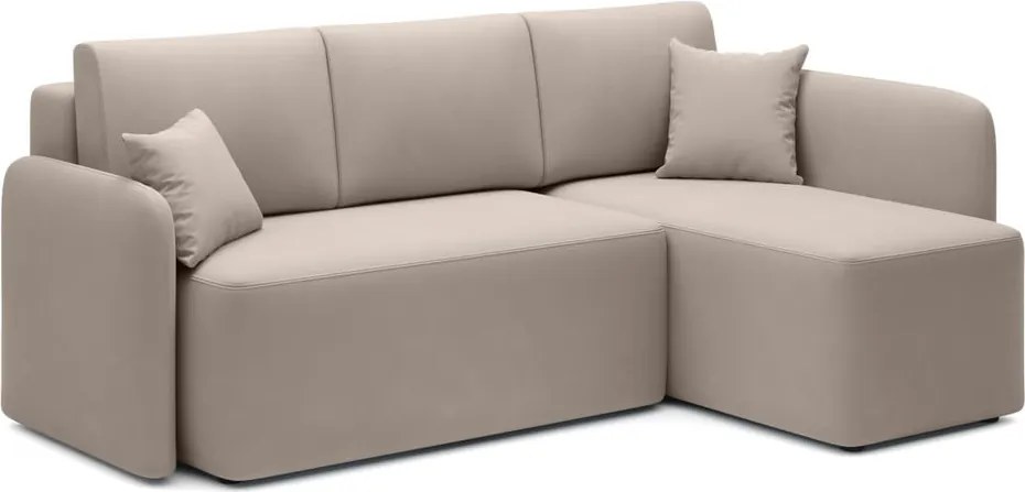 Bézs bársony kinyitható-tárolóhelyes sarokkanapé (jobb oldali-heverő résszel) Hadson – ELTAP