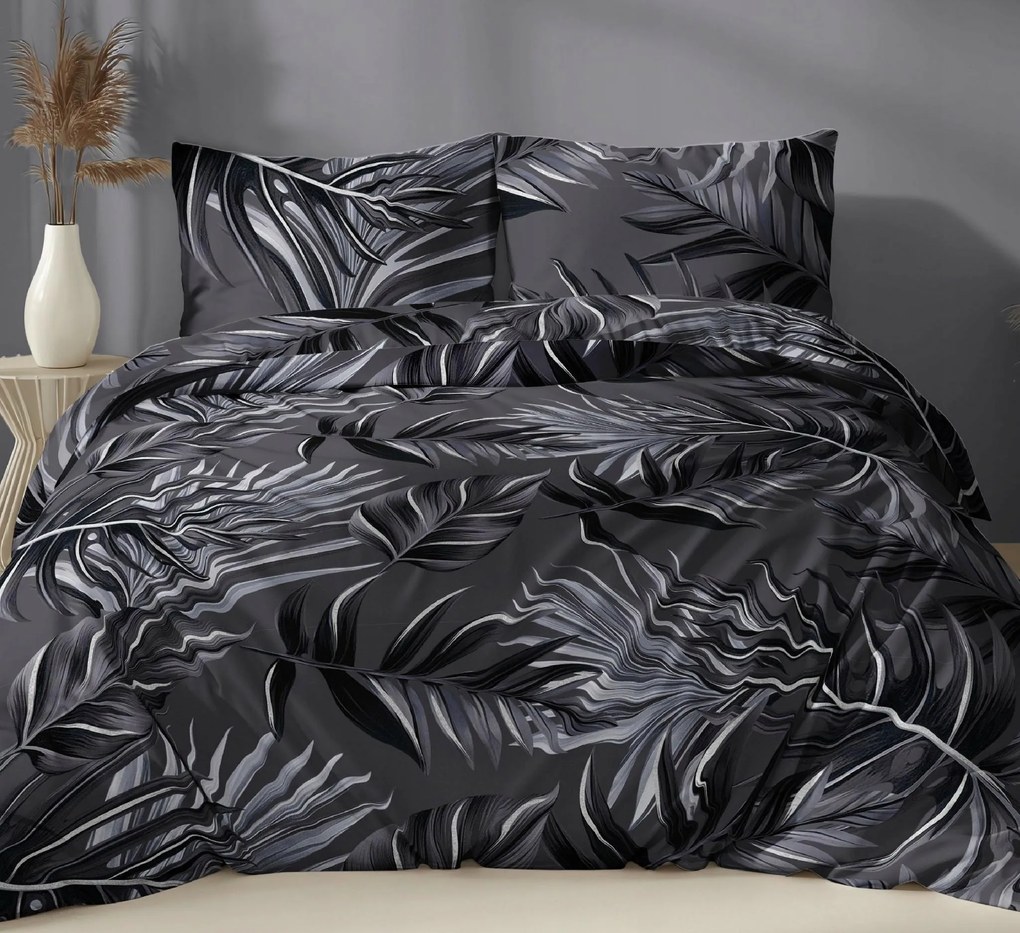 Szatén ágyneműhuzat 140x200 grafit levelek cipzáras Karo szatén