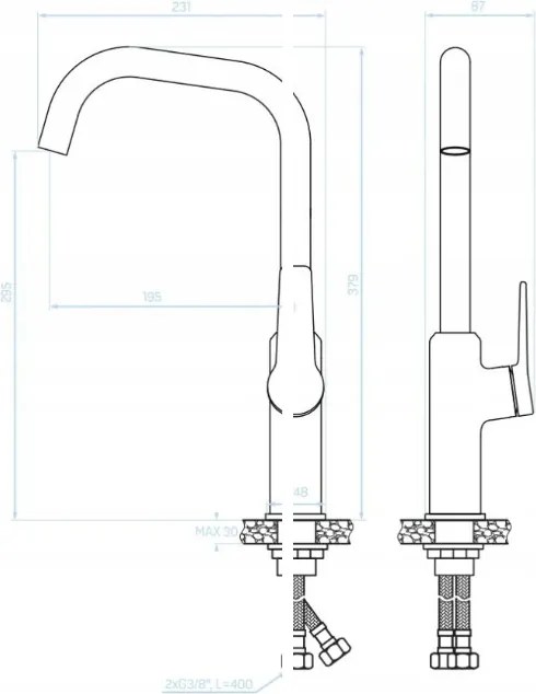 Alanis, magas mosogató csaptelep L alakú kifolyóval, fehér rózsa arany