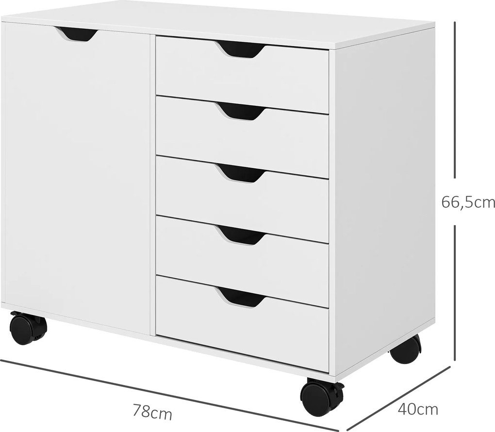 HOMCOM Irodai Tárolószekrény 5 Fiókkal és 1 Nyomtatóállvánnyal, Görgős, Állítható Polccal, 78 x 40 x 66,5 cm, Fehér | Aosom