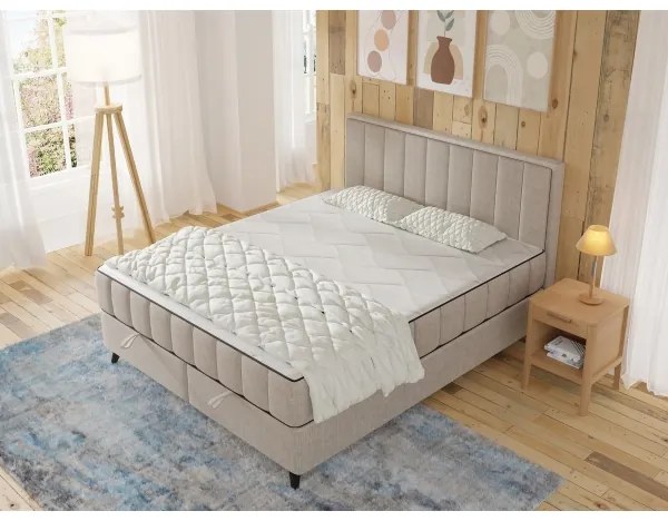 ALICIA 160x200 cm kárpitozott ágy matracokkal és fedőmatraccal, tárolóhellyel, bézs