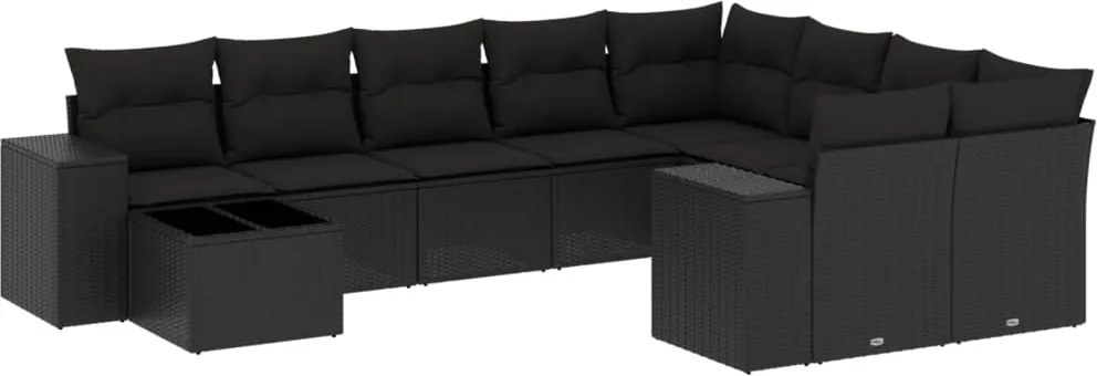 vidaXL 10 részes fekete polyrattan kerti ülőgarnitúra párnákkal
