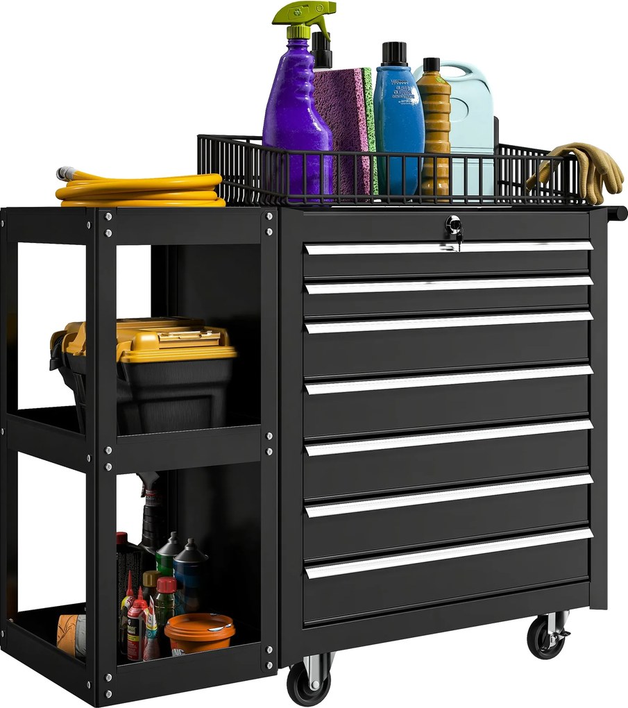 HOMCOM 7 fiókos szerszámkocsi levehető 3 polcos oldalpolccal, központi zárral, fogantyúval, fékező kerekekkel | Aosom