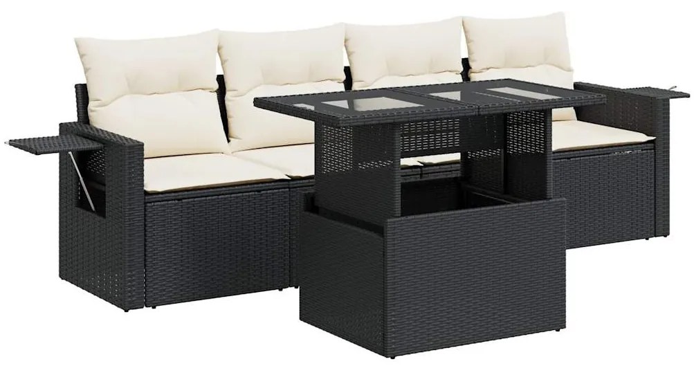 5 részes fekete polyrattan kerti kanapészett párnákkal