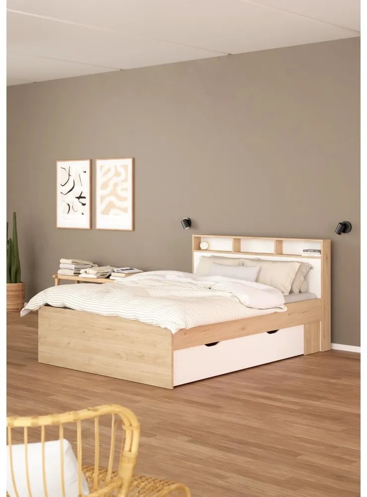 Natúr színű ágyneműtartós franciaágy ágyrács nélkül 160x200 cm tölgyfa dekorral Ikast – Tvilum
