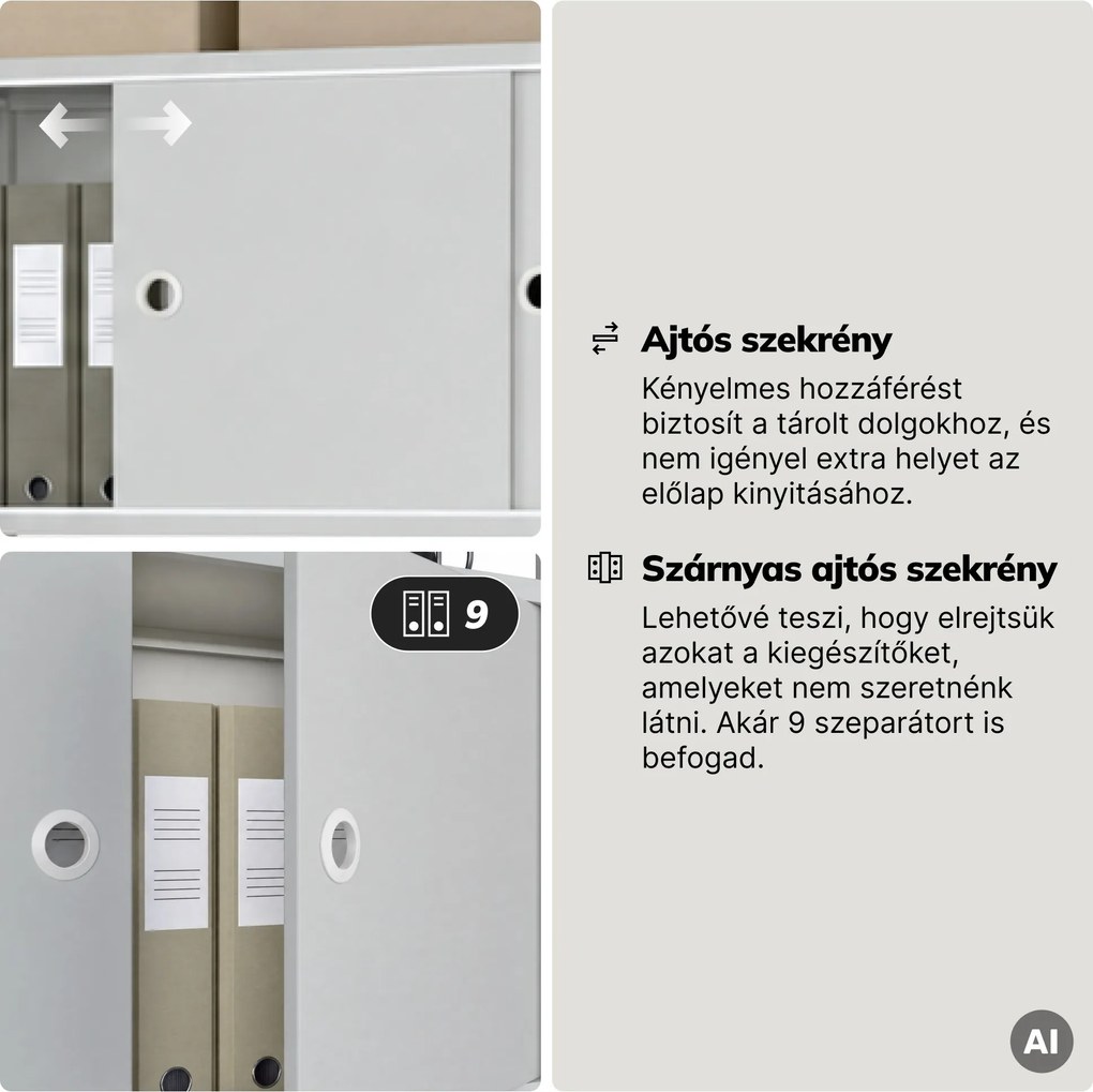 Iratrendező polc zárható szekrénnyel, irodai, nyitott polcok, fém szürke, 800x2200x400 mm: ARIEL