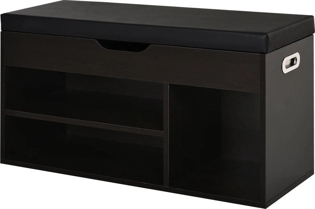 HOMCOM Párnázott Előszoba Cipőtároló, Cipőtartóval, 3 Rekesszel, PU Bőr Ülőfelülettel, Nappali és Előszoba Számára, 80x30x43 cm, Fekete | Aosom