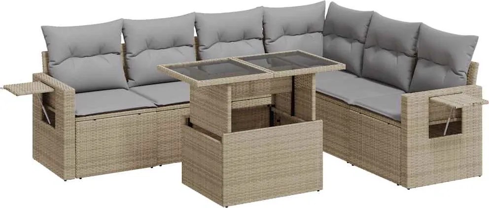 vidaXL 7 részes bézs polyrattan kerti ülőgarnitúra párnákkal