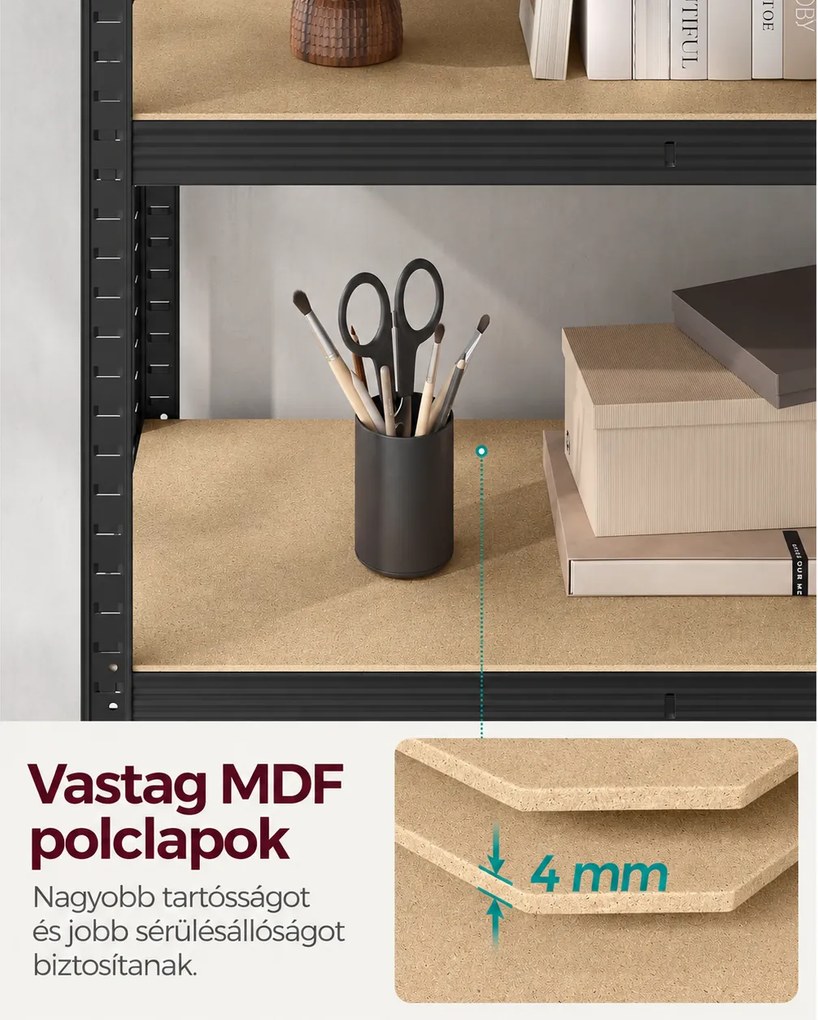 Nagy teherbírású fém tárolópolc, 5 szintes salgó polc 200 x 120 x 60 cm, fekete