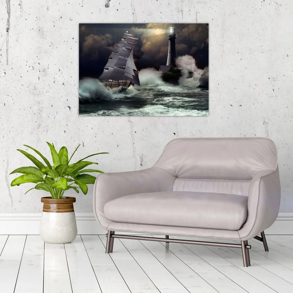 Kép - Viharos hullámokon áthajózó hajó (üvegen) (70x50 cm)