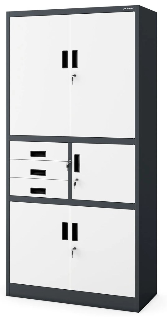 Fém iratszekrény széffel és fiókokkal FILIP II, 900 x 1850 x 400 mm, antracit-fehér