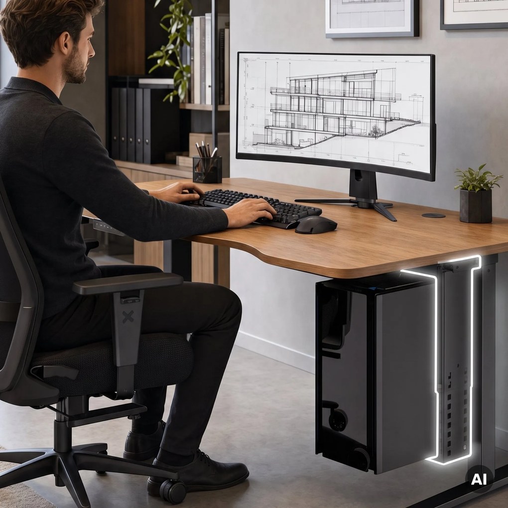 Számítógép tartó az íróasztal alá, állítható, fém, fekete: PC HOLDER