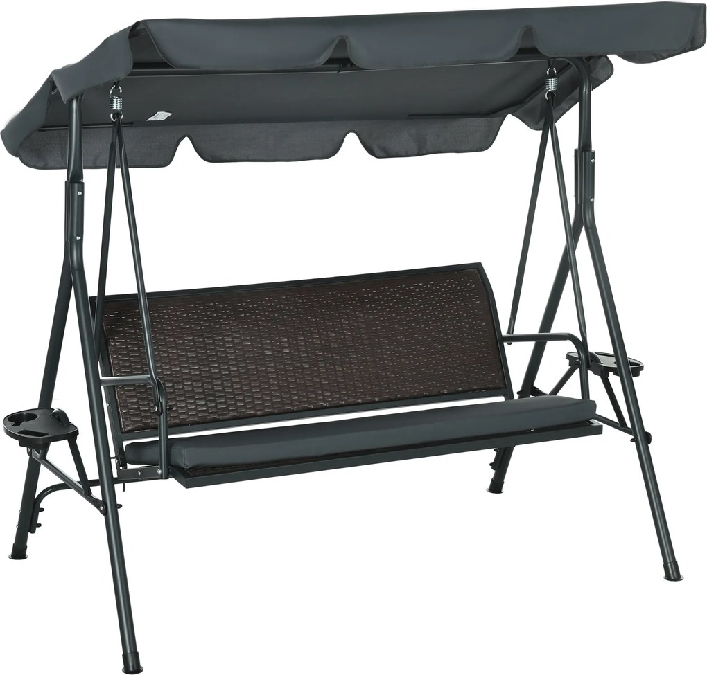 Outsunny 3-Fős Kerti Hintapad Állítható Napernyővel 2 Kupa Tartóval 2 Tálcával és Acél Váz, 320 kg Teherbírás, Teraszra és Pavilonba, 204x112x150 cm,