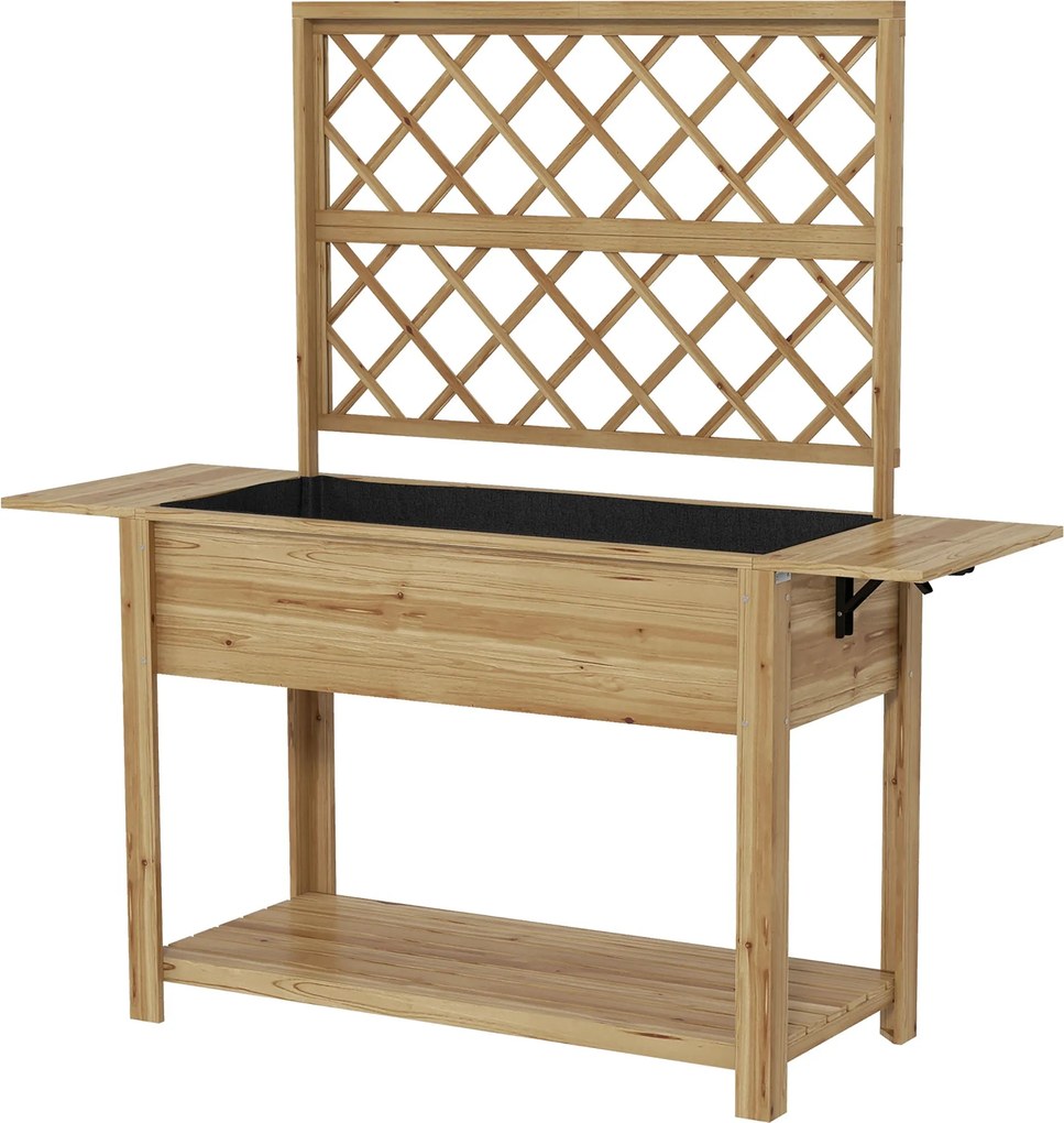 Outsunny Téglalap alakú Emelt Virágtartó Rácsos Háttal - Emelt kertágy 2 hajtható oldalsó polccal és 1 alsó polccal - fa méretek 140L x 45W x 151H cm