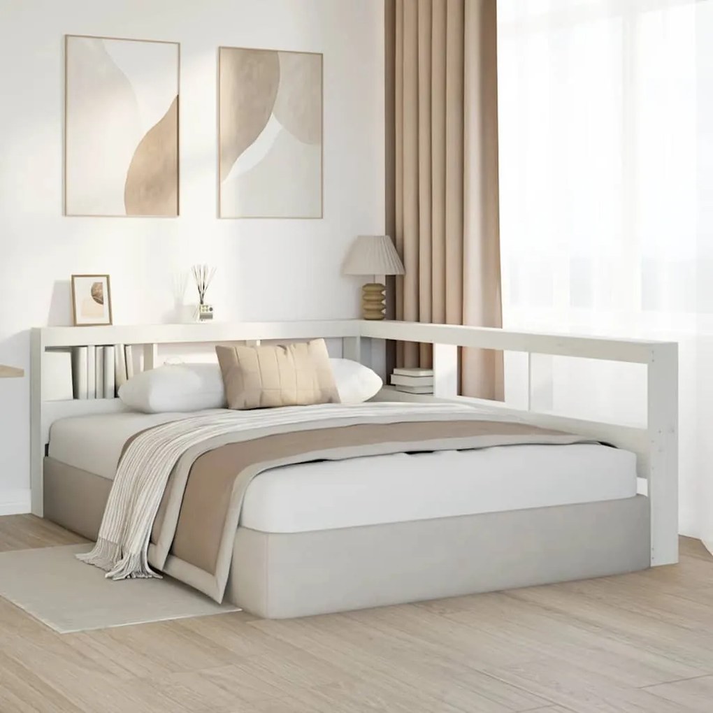 Könyvespolc fejtámla L-alakú fehér 140 cm tömör fa fenyőfa