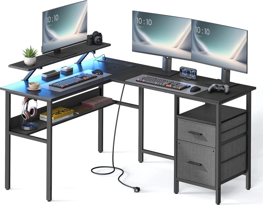 L alakú sarokíróasztal LED világítással, 4 konnektorral, 2 USB-porttal és monitorállvánnyal, 150 x 120 x 76 cm, fekete