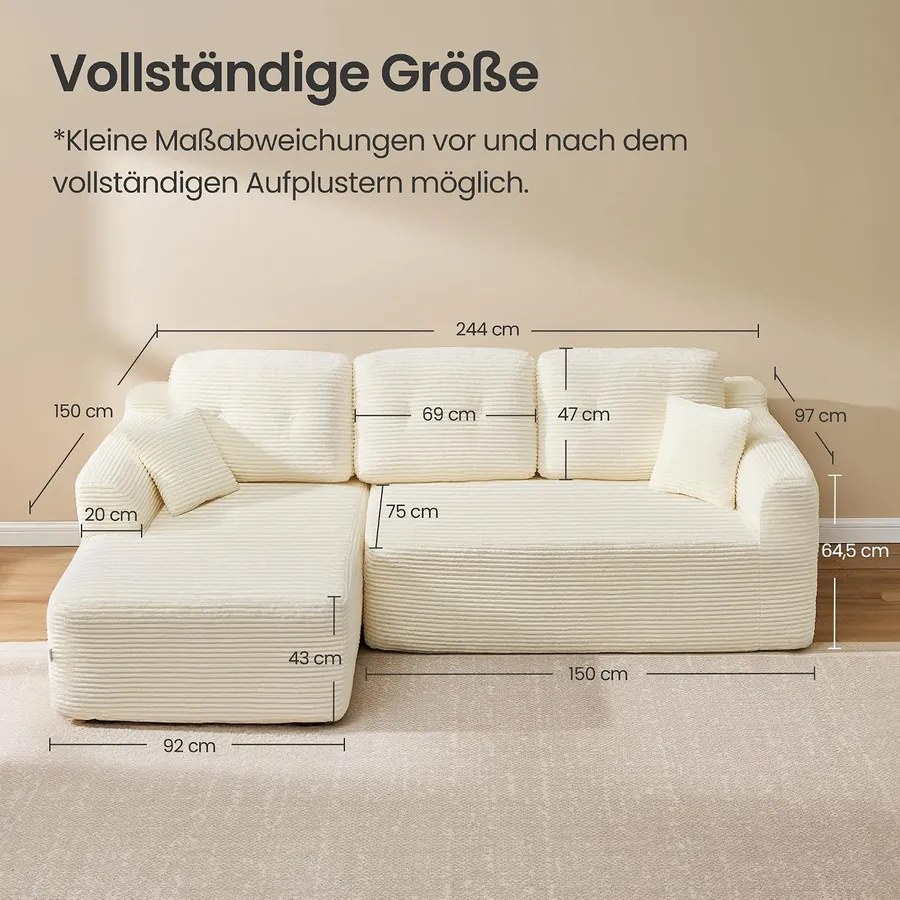 VASAGLE moduláris sarokkanapé, 244 cm széles, balos, krémfehér