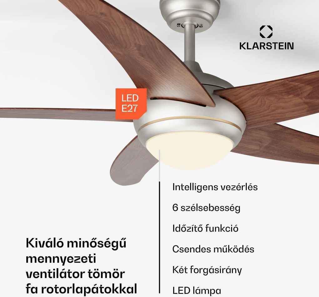Klarstein Bolero 2 az 1-ben Smart, mennyezeti ventilátor, Ø 132 cm, fény 55 W, távirányító, vezérlés applikáción keresztül, 2 menetirány