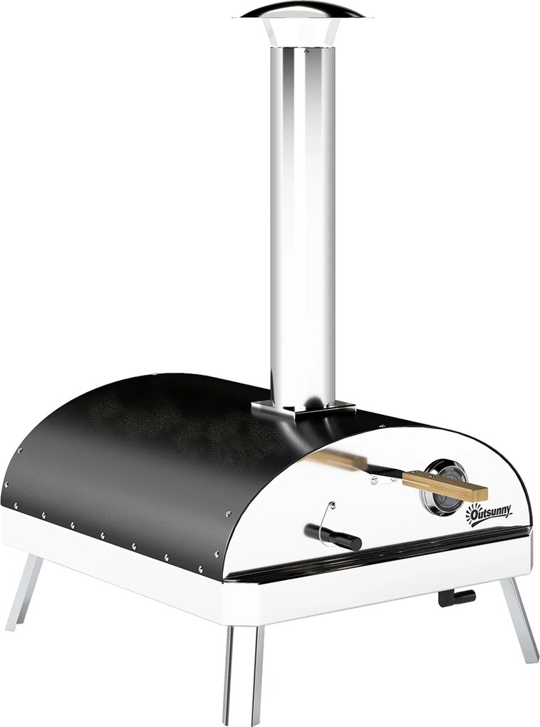 Outsunny Mini Hordozható Kültéri Pizza Sütő Fatüzeléses Sütő Refrakter Kővel Ø33 cm Fa Fogantyúkkal, Hőmérővel és Forgó Tálcával Kert, Terasz, Kemping