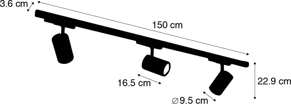 Sínrendszer fekete, beépített LED-del, fényerőszabályozható, 3 lámpás, 3 fázisú, balra - Ruler 38