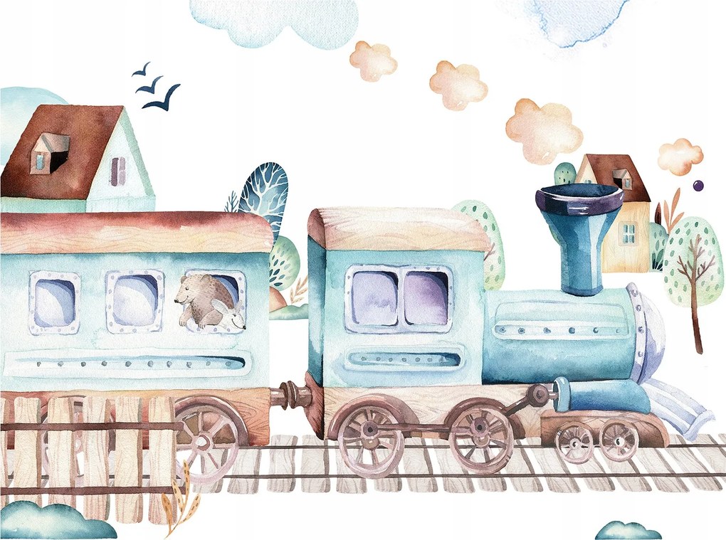 Fotótapéta vonat maci akvarell gyerekszoba 416x254 vinil +ragasztó