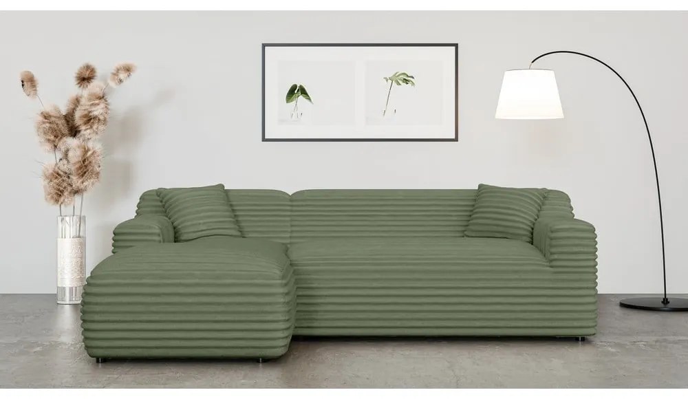 Zöld kordbársony sarokkanapé (bal oldali-heverő résszel) Martin – Ropez