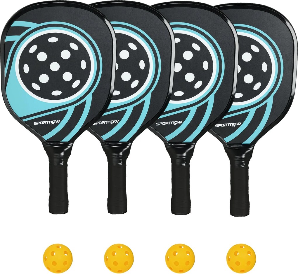 SPORTNOW Pickleball Ütőkészlet 4 Ütővel, 4 Labdával, Ergonomikus Markolatú Táskával, Beltéri és Kültéri Használatra, Kezdők és Hétvégi Játékosok Számá