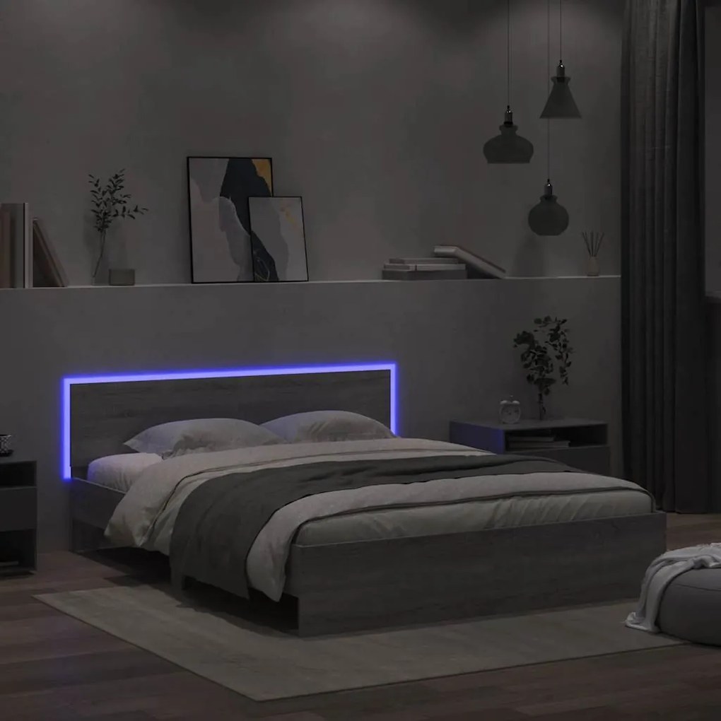 szürke sonoma színű ágykeret fejtámlával és LED-del 150x200 cm