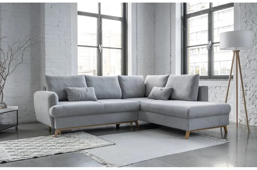 Világosszürke kinyitható-tárolóhelyes sarokkanapé (jobb oldali-L alakú) Scandic Lagom – Miuform