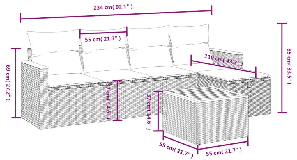 6 részes vegyes bézs polyrattan kerti ülőgarnitúra párnákkal