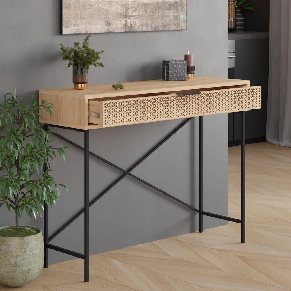 Natúr színű konzolasztal tölgyfa dekorral 35.5x110 cm Ecrin – Marckeric