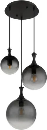 Globo 15885-3H Függeszték fém fekete matt, füstszínű üveg búra, fekete PVC kábel, magassága lerövidíthető, ø: 390mm, M: 1415mm, a búrák méretei: 1 x 15 cm, 20 cm, 25 cm, 3x E27 LED 10W 230V izzók nélkül