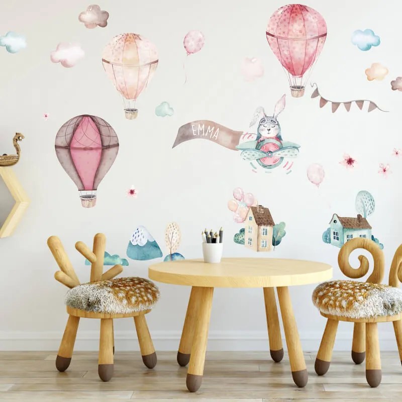 INSPIO Falmatrica gyerekszobába - Rózsaszín hőlégballon matrica névvel gyerekszobába