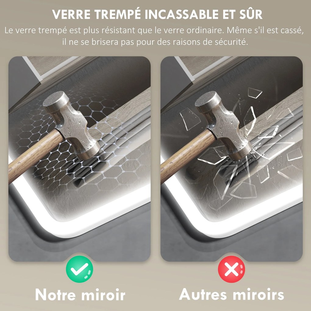 HOMCOM Bluetooth Fürdőszoba Tükör 50 x 70 cm, LED Világítású Fali Fürdőszoba Tükör Érintőkapcsolóval, Állítható 3 Színű Fény, Páramentes, Memória - Ez