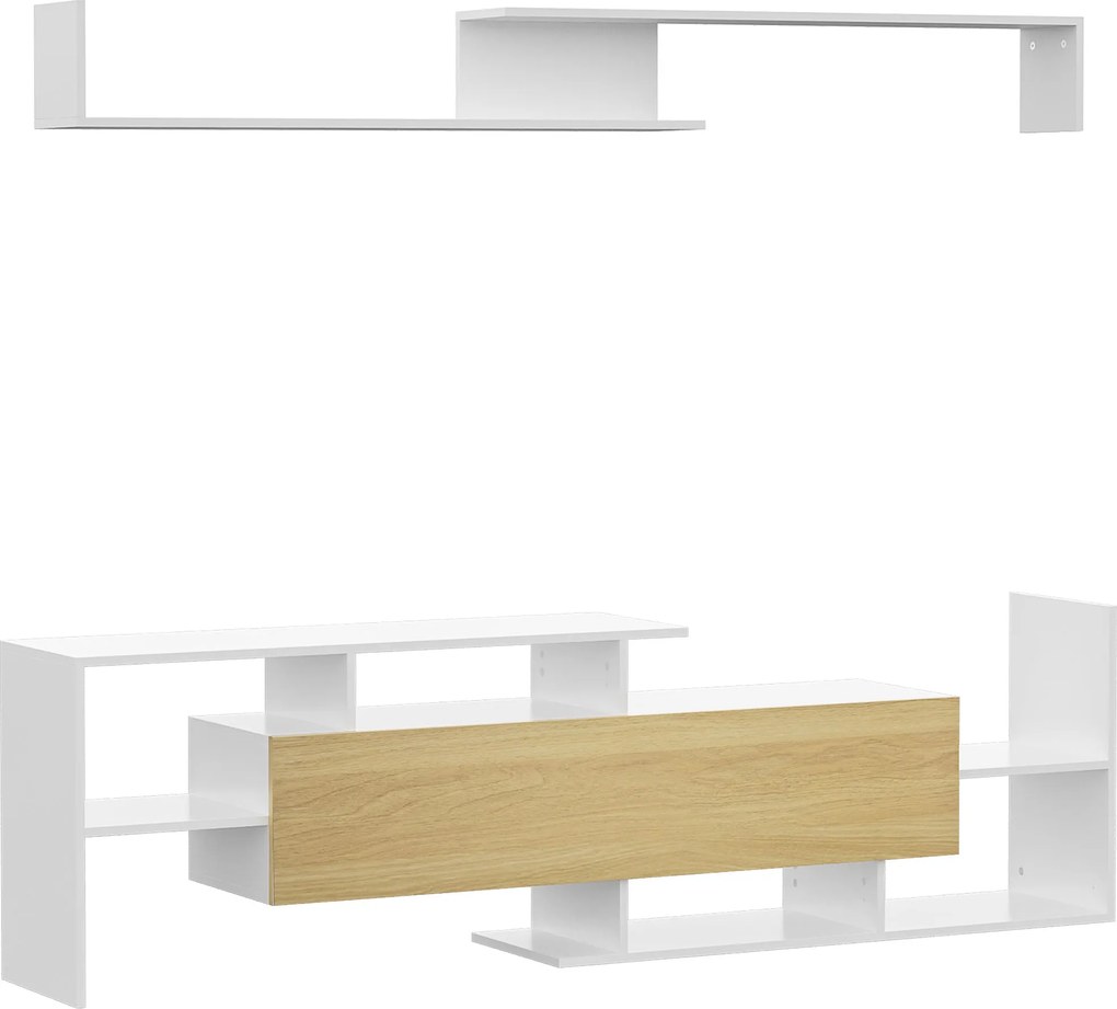 HOMCOM Nappali Bútor Szett - TV Állvány 65"-ig Felszerelhető falra, vagy 40"-ig Álló, TV Asztal 153.6x25x42 cm és Fali Polc 150x14.5x16.3 cm Fehér és