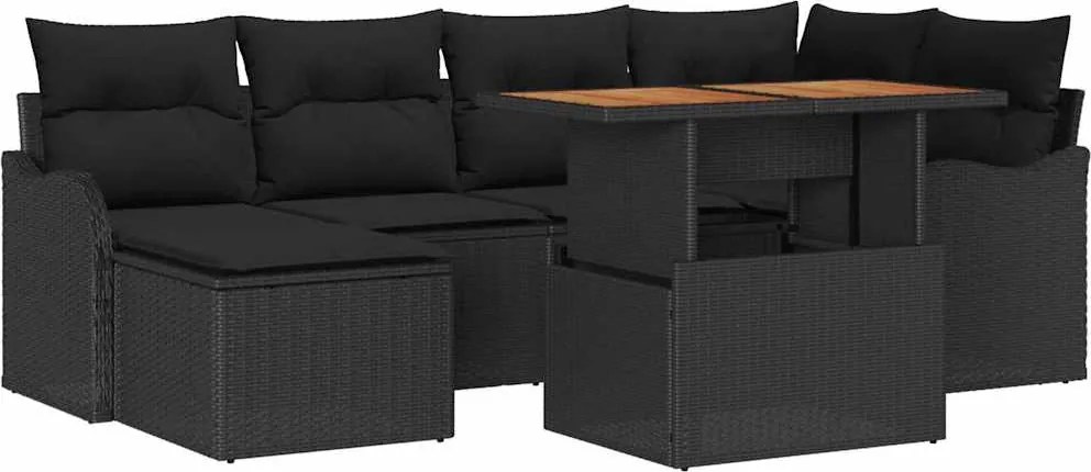 vidaXL Kerti Kanapé Szett 7 pcs Fekete Poli rattan és porbevonatú acél