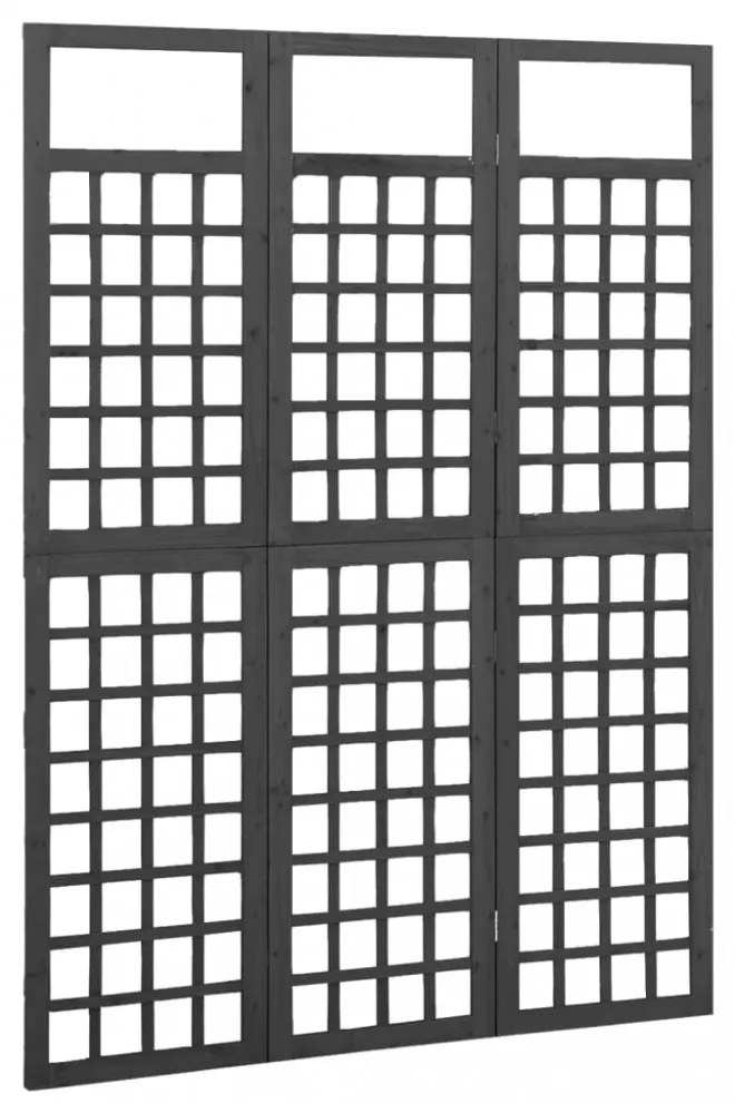3 paneles fekete tömör fenyő térelválasztó/lugasrács 121x180 cm