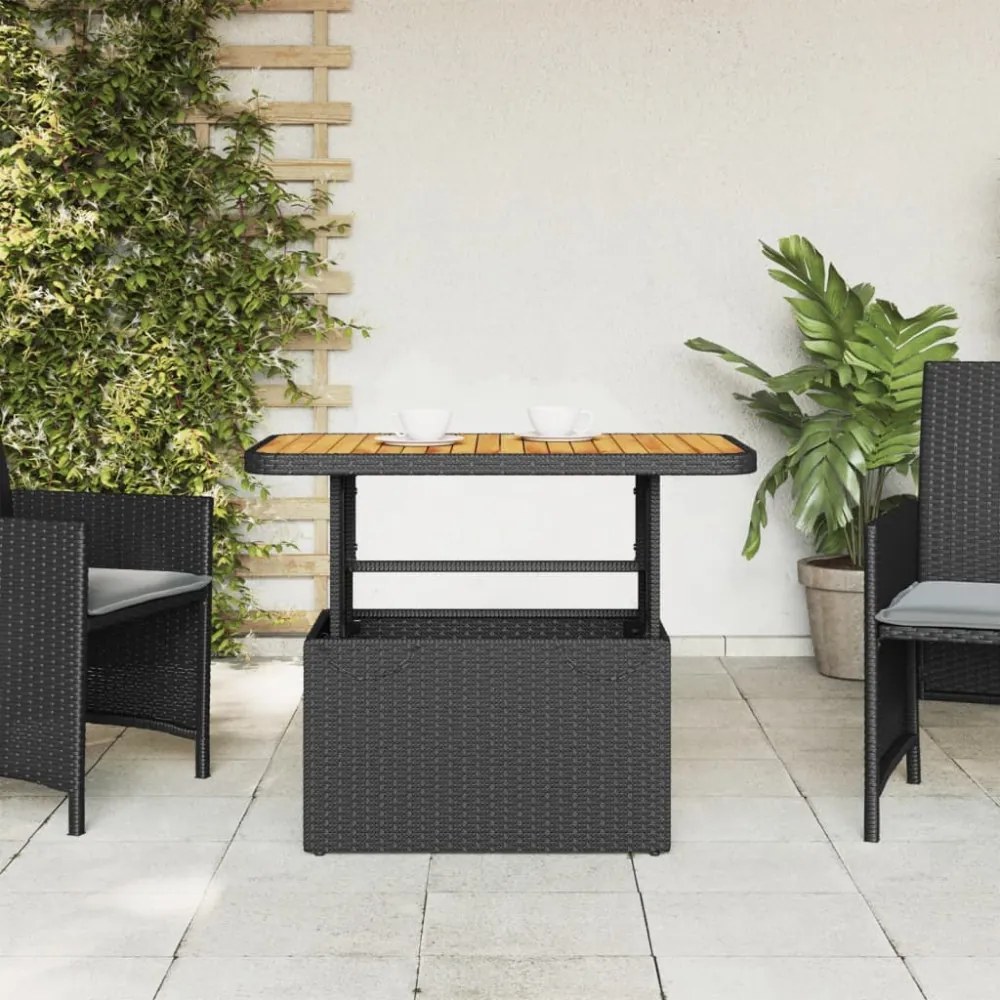 fekete polyrattan és akácfa kerti asztal 90 x 55 x 71 cm