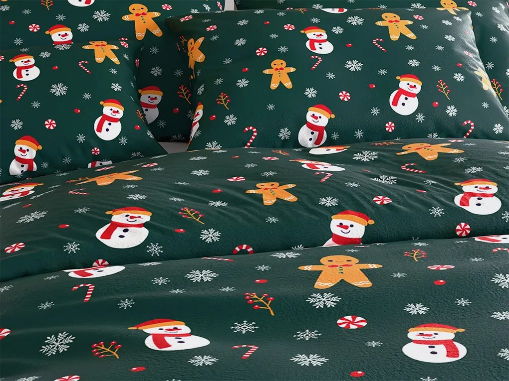 2 db-os Mikroplüss Ágyneműhuzat Szett SNOWMAN AND GINGERBREAD zöld + mikroplüss lepedő SOFT 180x200 cm fehér, franciaágy