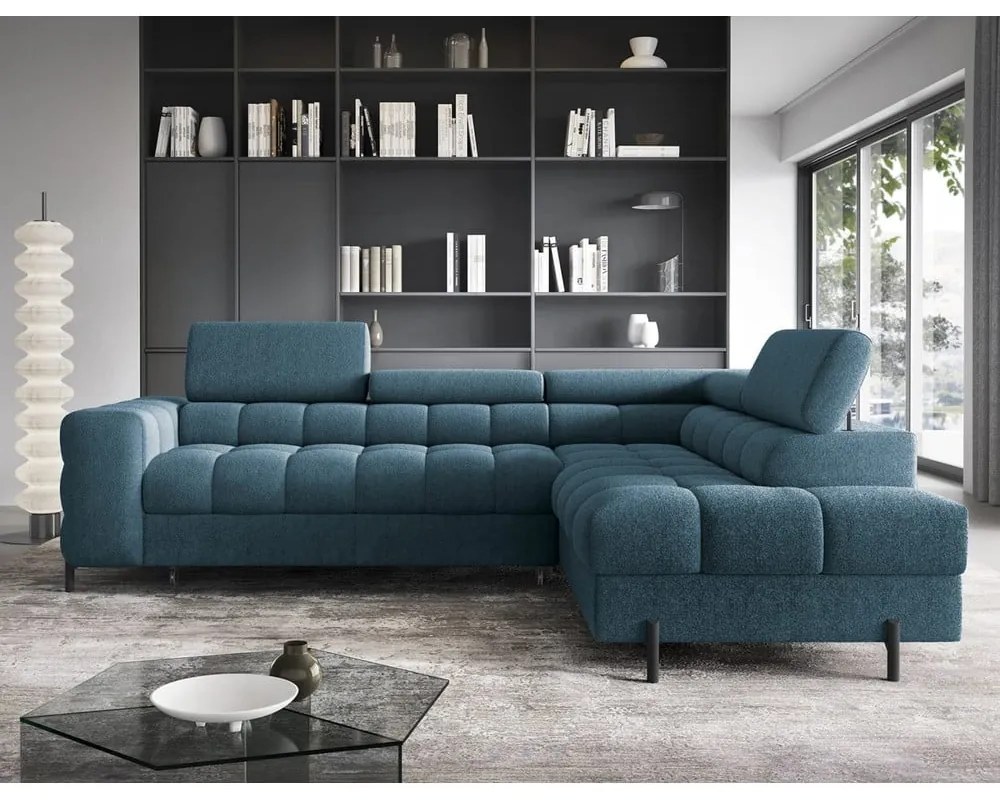 Kék buklé kinyitható-tárolóhelyes sarokkanapé (jobb oldali-L alakú) Ferucce – ELTAP