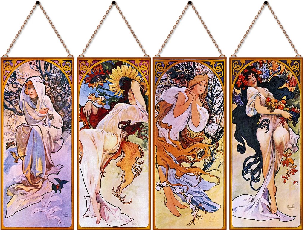 Alfons Mucha - Évszakok III. (Garnitúra) üvegkép, falikép