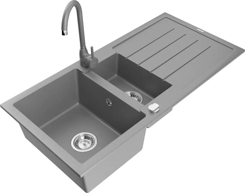 Mexen Andres gránit mosogatótál 1,5 rekeszes csepegtetővel és Telma konyhai csapteleppel, szürke - 6515-71-670200-71