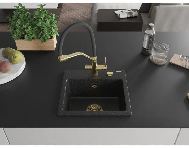 Mexen Milo, gránit mosogató 435x410x171 mm, 1 kamrás és Duo mosogató csaptelep, fekete-ezüst metál, 6505-73-671701-57-G
