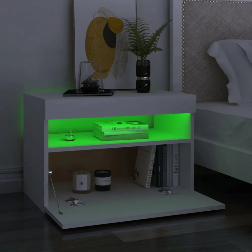 2 db fehér éjjeliszekrény LED-lámpákkal 60x35x40 cm szerelt fa