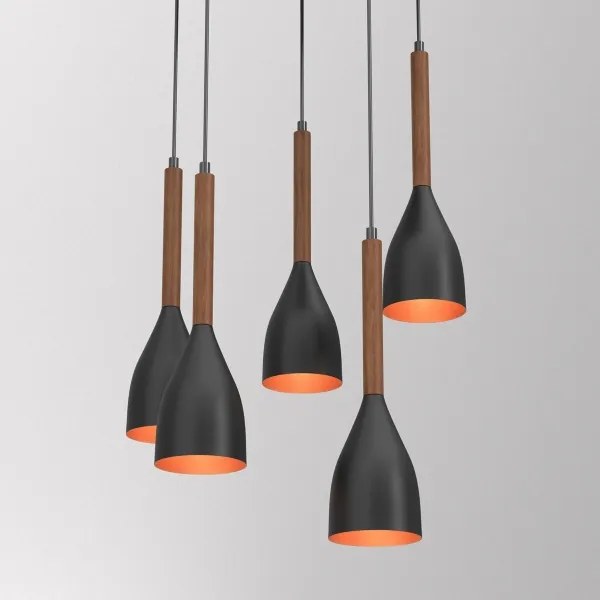 Csillár zsinóron MUZA 5xE27/15W/230V fekete/barna/réz/bükkfa