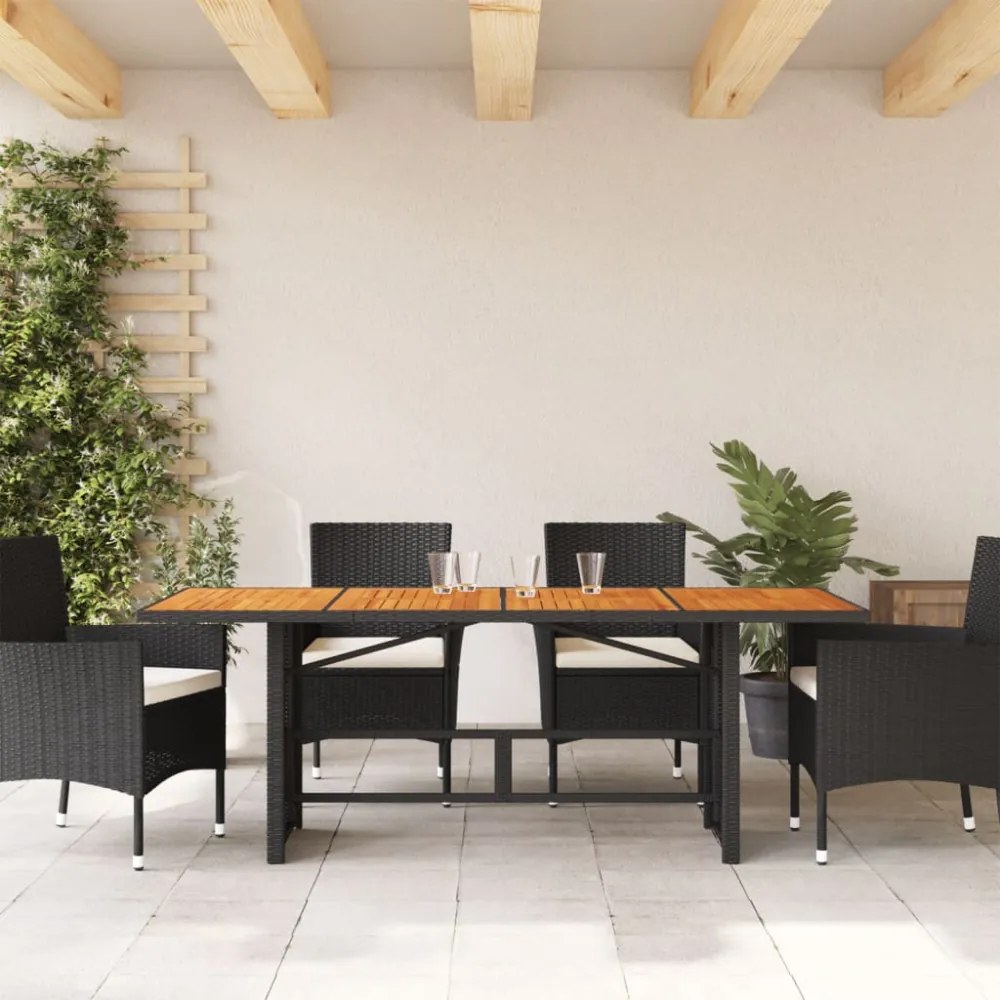 fekete polyrattan akácfa lapos kerti asztal 190 x 80 x 74 cm