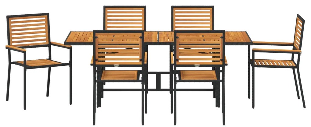 7 Darabos Kerti Étkező Szett Fekete Poli Rattan Akácfa, Egymásra Rakható Kerti Székek Párnákkal 2 db Fekete Poli Rattan